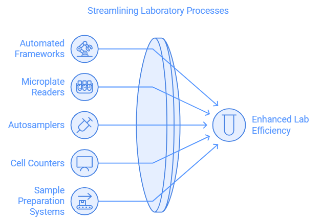 Diagram showing lab tools (e.g., autosamplers, cell counters) streamlined to enhance lab efficiency via automation systems.