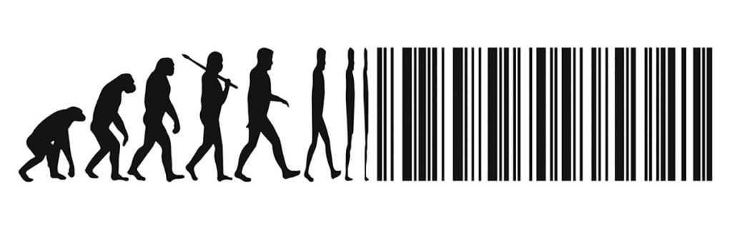 an evolution graphic that turns slowly into a QR code