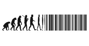 an evolution graphic that slowly turns into a QR code